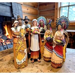 7 Pacific Rim Cubist Native American Resin Thanksgiving Figures 4 Couples 10-12"
